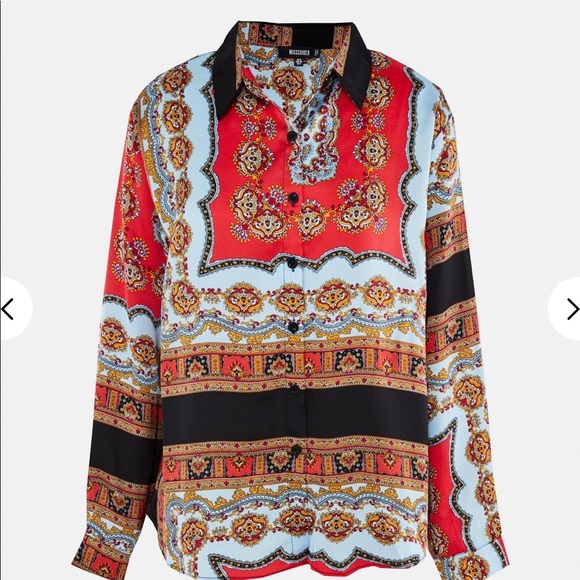 Missguided Tops - Red Scarf Print Satin Oversized Shirt